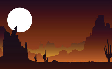 Fototapeta premium Howling Wolf Silhouette on Cliff at Full Moon Illustration