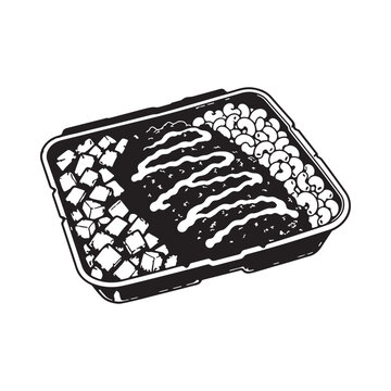 Grilled Steak Bento Box Vector, BBQ Beef Meal with Beans, Diced Potatoes and Sauce.