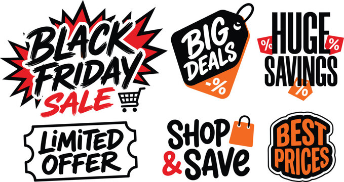 Black friday typography bundle featuring bold promotional text designs for seasonal retail sales and marketing event campaigns