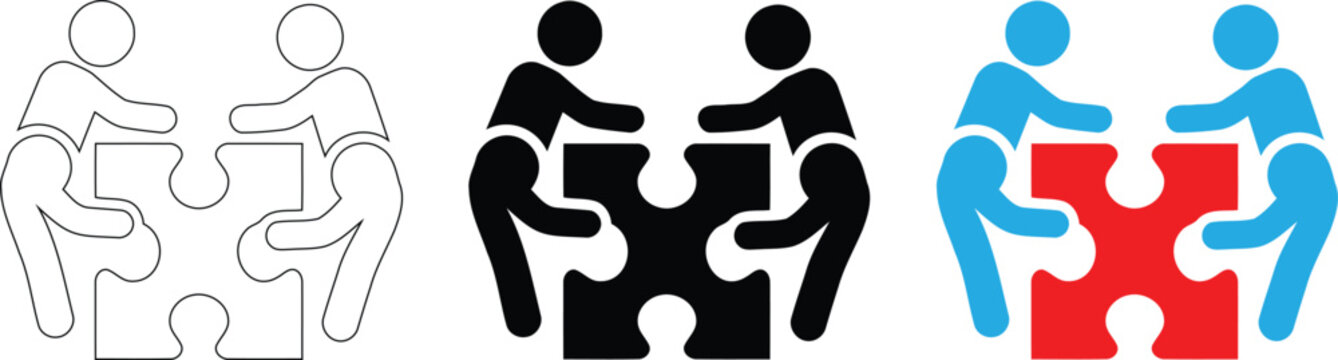  Teamwork puzzle piece vector icon graphic, business collaboration partnership concept art, problem solving solution elements, connection jigsaw illustration set download EPS file. 