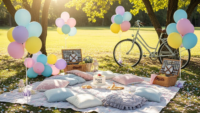 Pastel colored balloons and picnic setup with bicycle on a grassy park lawn for outdoor celebration