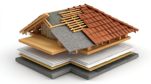 Cross sectional view of a house roof structure with detailed layers