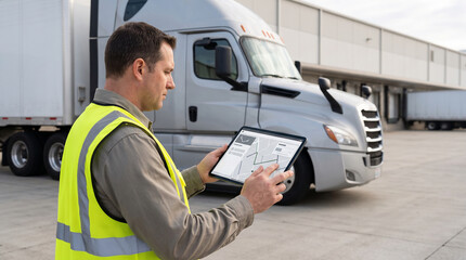 Obraz premium Truck Driver Using Digital Tablet / Fleet Management