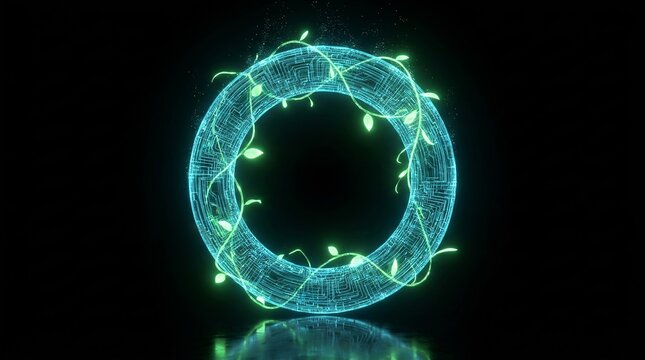 Glowing holographic ring with green vines, futuristic digital portal with organic leaves, neon blue circle frame for tech and nature concepts