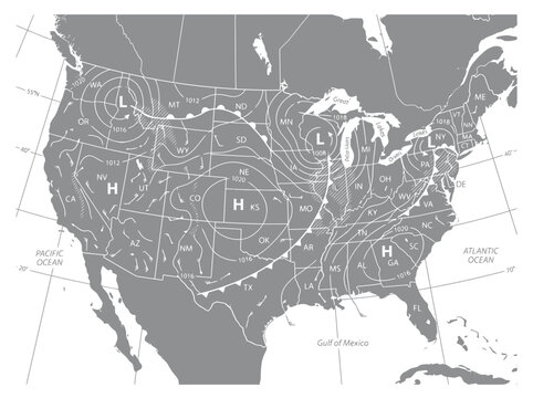 A detailed synoptic weather map of the United States showing pressure systems and fronts.