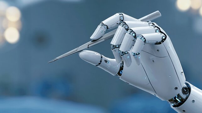 White bionic robotic hand holding silver precision scalpel or pen, blue blurred background, showcasing artificial intelligence and precision medical technology concept.