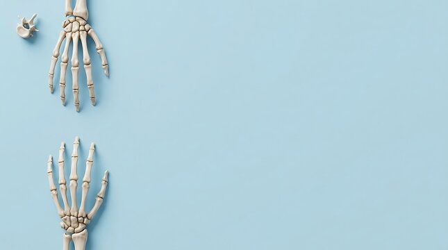 Two skeleton hands reaching toward each other against a solid light blue background for halloween concept