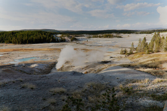 Steam rising across Norris Geyser Basin, Yellowstone National Park