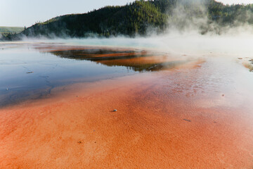 Grand Prismatic Spring bacterial mats and drifting steam, Yellowstone © In-Between