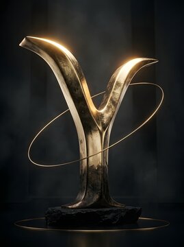 Upsilon Greek Letter Symbol in Luxurious Gold &ndash; Dark Abstract Background and Elegant Design