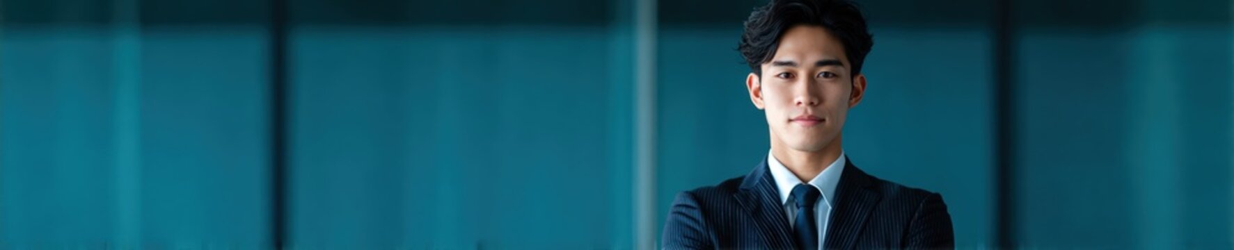 Young Asian businessman in suit standing with arms crossed against blue office glass with copy space for professional corporate communication