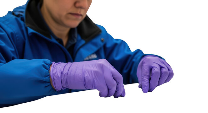 Man wearing purple protective gloves.