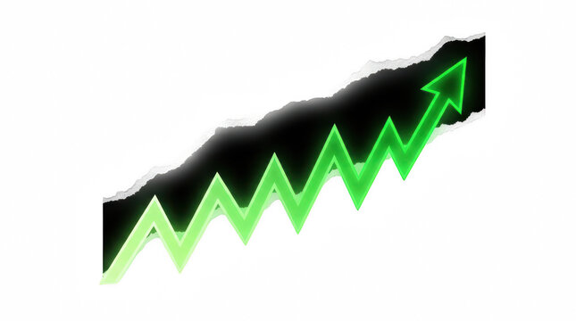 Green upward trending arrow bursting through torn paper with neon glow isolated on transparent background
