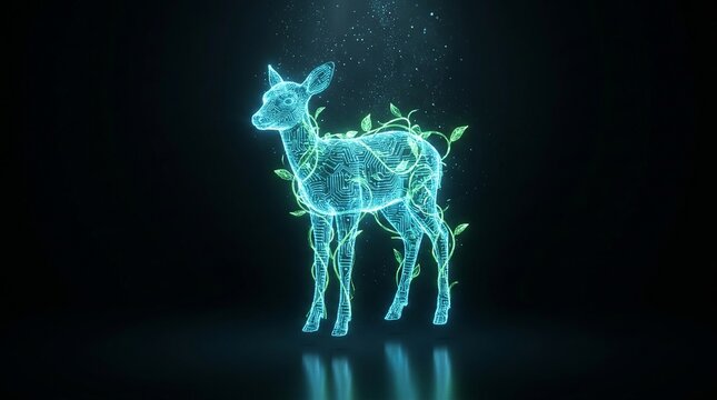 Bioluminescent deer hologram with green vines. Glowing digital animal spirit on black background. Futuristic nature concept.