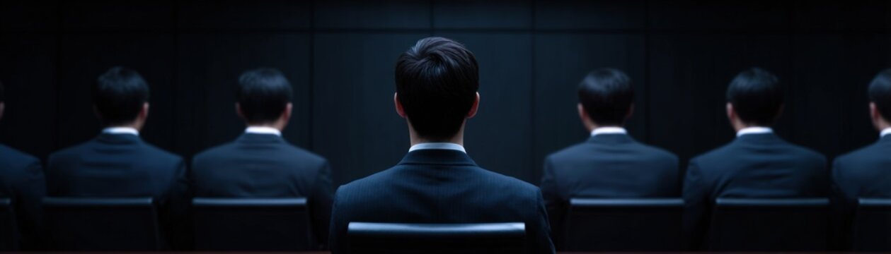 Row of businessmen in dark suits sitting in chairs against black wall representing corporate conformity and professional uniformity in business