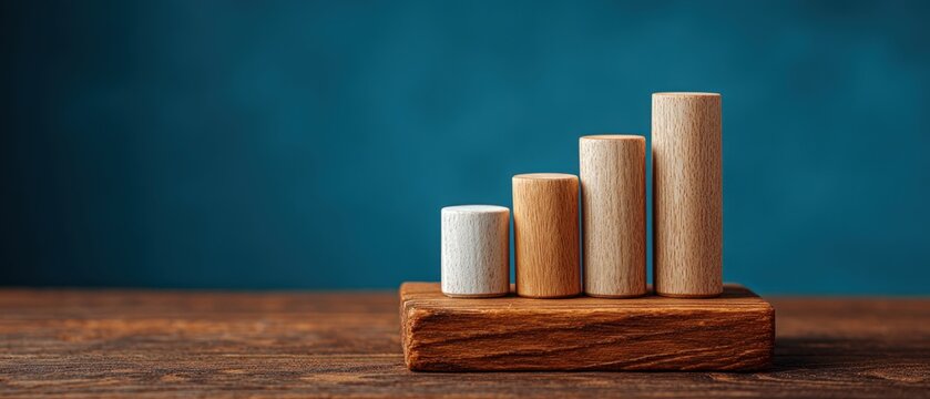 Wooden cylinders arranged as ascending bar chart on wooden base with copy space representing business growth and financial success strategy