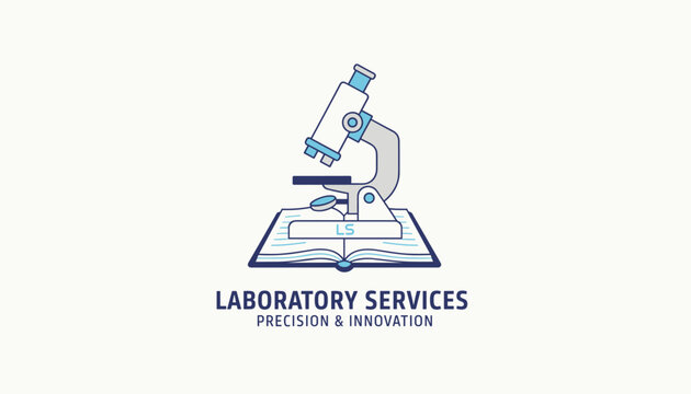 Professional logo design for laboratory services with blue microscope resting on open book with scientific focus.