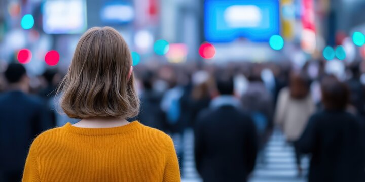 Woman in yellow sweater walking through crowded city street with blurred neon lights representing modern urban lifestyle and night city exploration