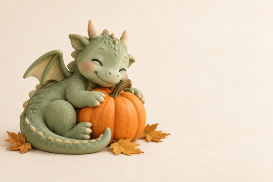 Cute green baby dragon hugging a pumpkin with autumn leaves