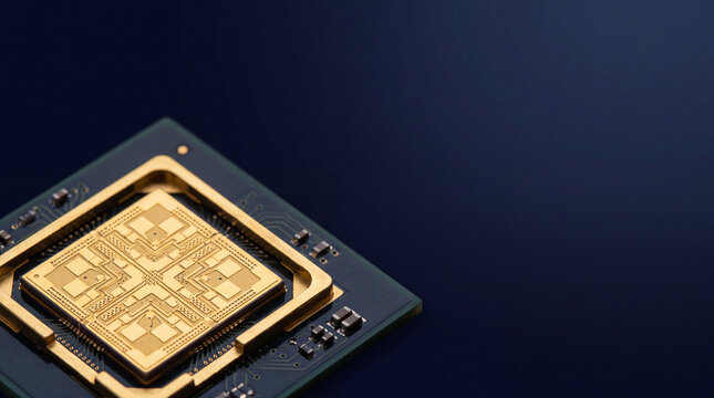 Gold-Plated Terahertz Micro-Antenna Array Chip with Dark Navy Copy Space for 6G Wireless Technology Presentation