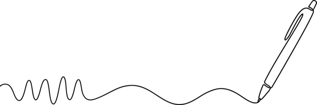 Continuous line drawing of a ballpoint pen writing on paper