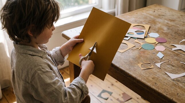 Child cutting geometric shapes from colored paper at wooden table with craft materials  