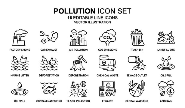 Pollution Icon Set 16 Editable Line Icons Vector Illustration Environment Contamination Emission Outline Symbols Collection Design