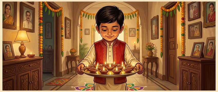 Young Boy Holding Tray of Lit Oil Lamps Indoors During Celebration
