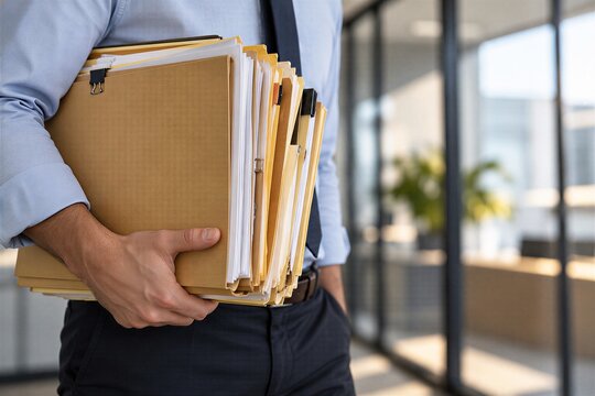 Businessman carrying files and folders in office representing paperwork, workload and document management