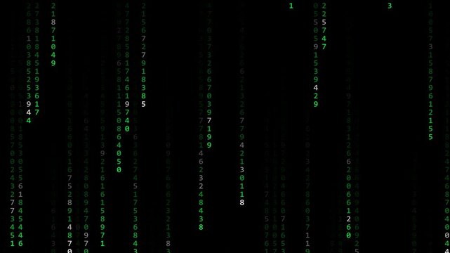 Seamless looping animation of random digital numbers and data falling vertically against a dark black background. Ideal for cybersecurity, hacking, computer programming, fintech, big data, and futuris