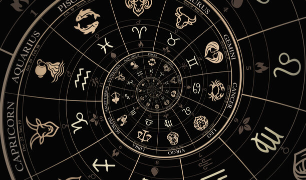 Zodiac Wheel Spiral With Astrological Signs and Horoscope Symbols in Dark Mystic Design
