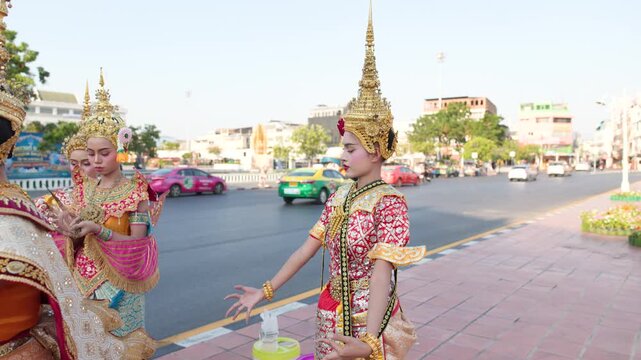 Thai Khon Dancers in Traditional Costumes Perform Near Wat Suthat Bangkok