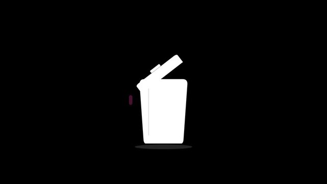 White minimalist trash can icon animation with opening lid isolated on black background for user interface