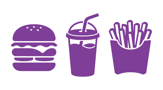 Fast food icons set featuring burger drink and fries in purple fastfood junkfood restaurant unhealthy sandwich frenchfries beverage delicious appetizer