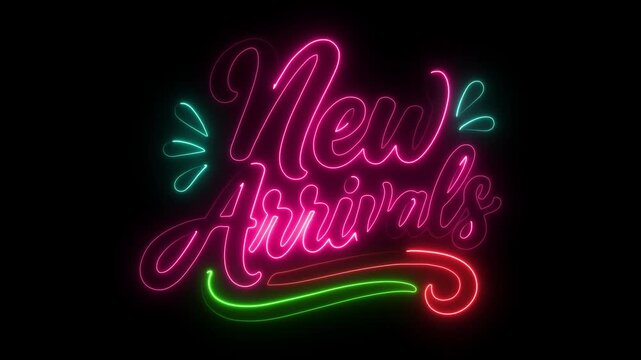 Pink and green neon script text New Arrivals glowing on black background sign lettering 4k video.