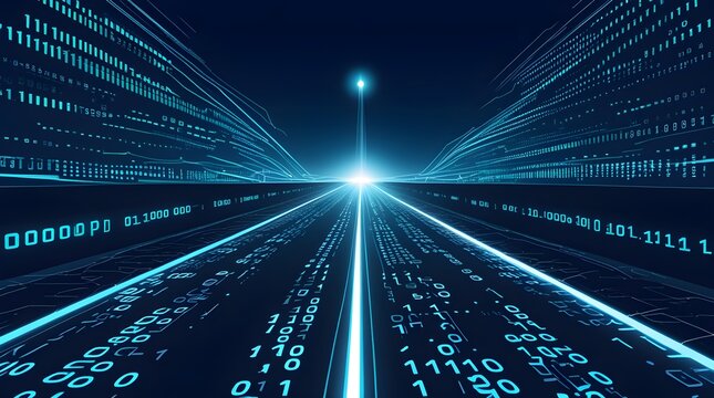 Straight digital data pathway with glowing binary code