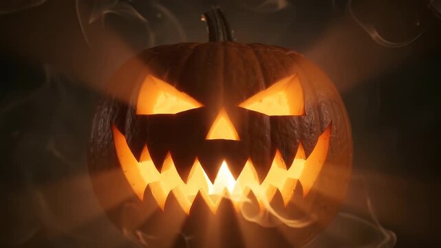 Orange Halloween smiling pumpkin and smooth rays abstract motion background