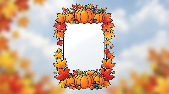 Vertical rectangular frame decorated with autumn pumpkins and colorful fall leaves on a blurred seasonal background