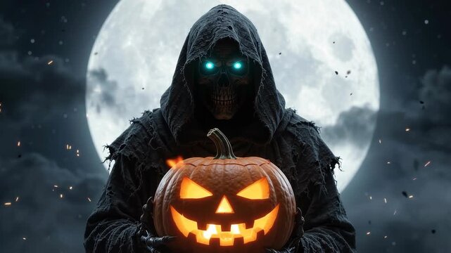 scary pumpkin and grim reaper on halloween day, in anime or cartoon style. Seamless looping 4k video animation
