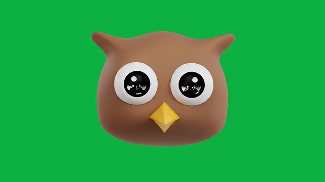Cute owl face cartoon character on green background, adorable 3D animated wildlife mascot