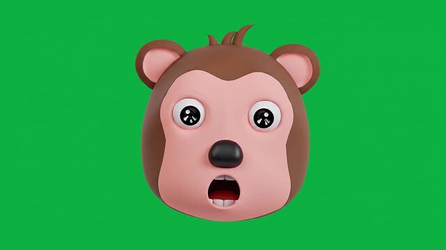 Cute cartoon monkey face on green background, cheerful 3D animated character for kids content