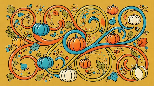 Colorful decorative autumn background with hand drawn pumpkins and swirling floral patterns for seasonal harvest festival design