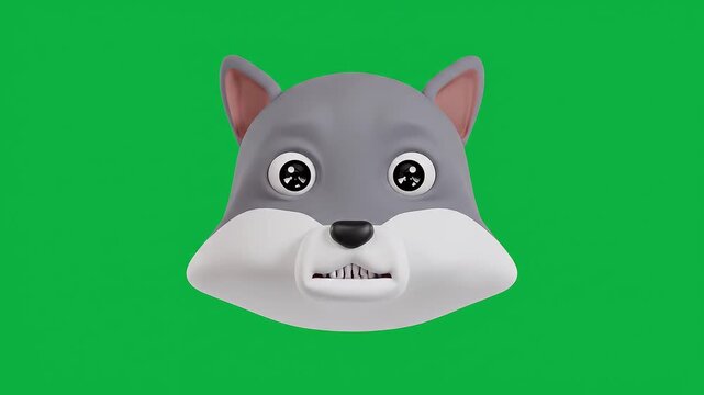 Cute cartoon wolf face on green background, isolated 3D animated character for kids content