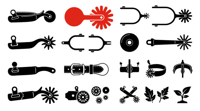 Set of cowboy spurs and equestrian gear icons isolated on white background