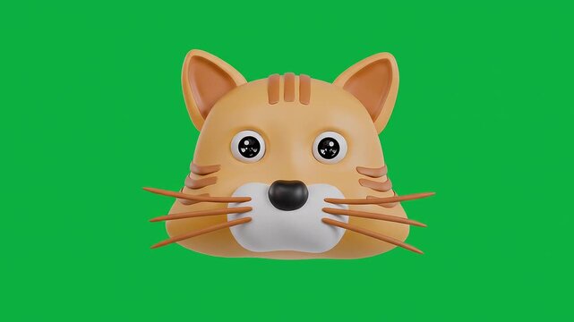 Cute cartoon cat face on green background, adorable 3D animated tiger kitten character for children