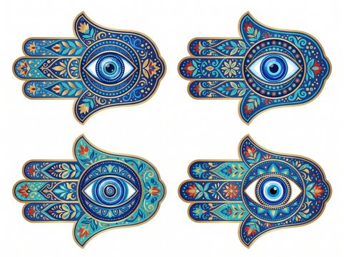 A collection of four stylized Hamsa hand symbols, each featuring an intricate evil eye design at its center, vector isolated on white

