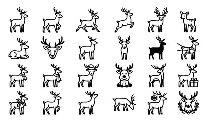 Fototapeta premium Christmas Reindeer Icon Set with Festive Deer Antlers Santa Hat and Holiday Symbols