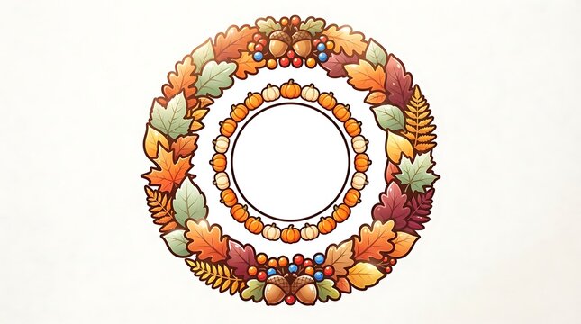 Decorative oval frame made of colorful autumn leaves and berries isolated on a white background