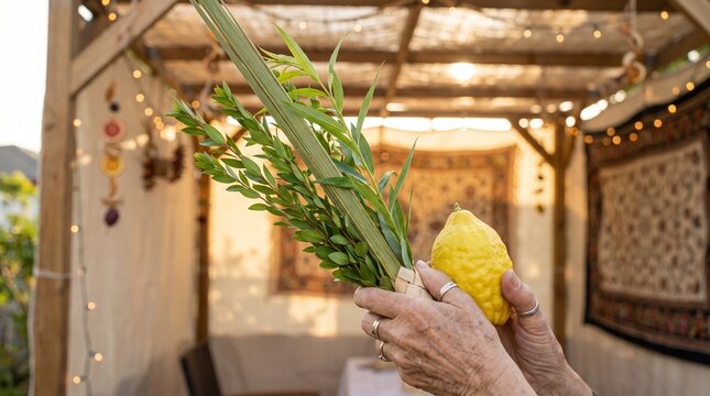 Person holding lulav and etrog inside a decorated sukkah for the Jewish holiday of Sukkot.
