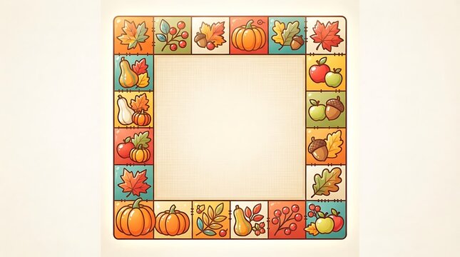 Decorative thanksgiving frame featuring colorful illustrations of autumn harvest vegetables and fruits on a white background